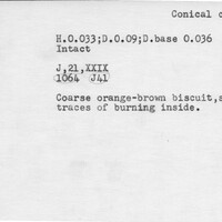 Index card with typed and handwritten information, sometimes including a sketch, of pottery from an excavation.