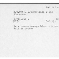 Index card with typed and handwritten information, sometimes including a sketch, of pottery from an excavation.