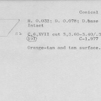 Index card with typed and handwritten information, sometimes including a sketch, of pottery from an excavation.
