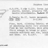 Index card with typed and handwritten information, sometimes including a sketch, of pottery from an excavation.
