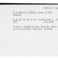 Index card with typed and handwritten information, sometimes including a sketch, of pottery from an excavation.