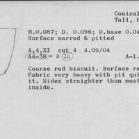 Index card with typed and handwritten information, sometimes including a sketch, of pottery from an excavation.