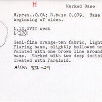 Index card with typed and handwritten information, sometimes including a sketch, of pottery from an excavation.