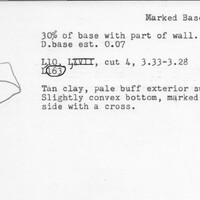 Index card with typed and handwritten information, sometimes including a sketch, of pottery from an excavation.