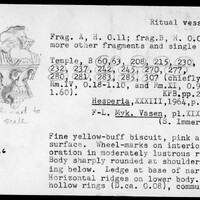 Index card with typed and handwritten information, sometimes including a sketch, of pottery from an excavation.