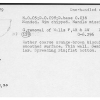 Index card with typed and handwritten information, sometimes including a sketch, of pottery from an excavation.