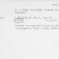 Index card with typed and handwritten information, sometimes including a sketch, of pottery from an excavation.
