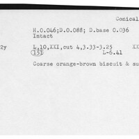 Index card with typed and handwritten information, sometimes including a sketch, of pottery from an excavation.