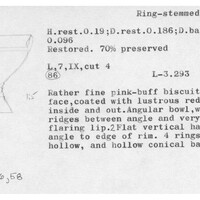 Index card with typed and handwritten information, sometimes including a sketch, of pottery from an excavation.