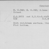 Index card with typed and handwritten information, sometimes including a sketch, of pottery from an excavation.