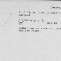 Index card with typed and handwritten information, sometimes including a sketch, of pottery from an excavation.
