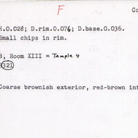 Index card with typed and handwritten information, sometimes including a sketch, of pottery from an excavation.