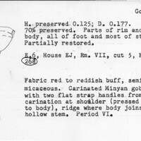 Index card with typed and handwritten information, sometimes including a sketch, of pottery from an excavation.