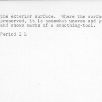 Index card with typed and handwritten information, sometimes including a sketch, of pottery from an excavation.