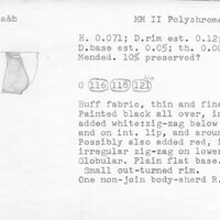 Index card with typed and handwritten information, sometimes including a sketch, of pottery from an excavation.