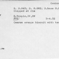 Index card with typed and handwritten information, sometimes including a sketch, of pottery from an excavation.