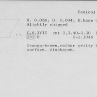 Index card with typed and handwritten information, sometimes including a sketch, of pottery from an excavation.