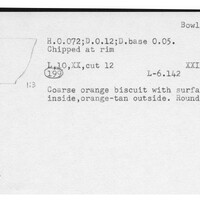 Index card with typed and handwritten information, sometimes including a sketch, of pottery from an excavation.