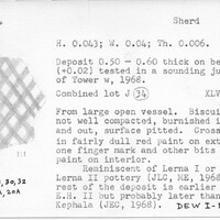Index card with typed and handwritten information, sometimes including a sketch, of pottery from an excavation.