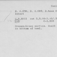 Index card with typed and handwritten information, sometimes including a sketch, of pottery from an excavation.