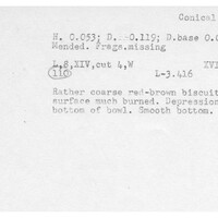 Index card with typed and handwritten information, sometimes including a sketch, of pottery from an excavation.