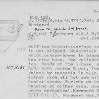 Index card with typed and handwritten information, sometimes including a sketch, of pottery from an excavation.