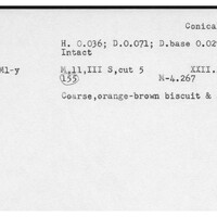 Index card with typed and handwritten information, sometimes including a sketch, of pottery from an excavation.