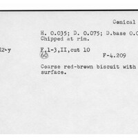 Index card with typed and handwritten information, sometimes including a sketch, of pottery from an excavation.