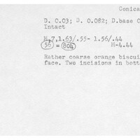 Index card with typed and handwritten information, sometimes including a sketch, of pottery from an excavation.