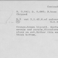 Index card with typed and handwritten information, sometimes including a sketch, of pottery from an excavation.