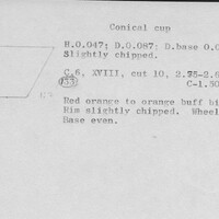 Index card with typed and handwritten information, sometimes including a sketch, of pottery from an excavation.