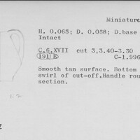 Index card with typed and handwritten information, sometimes including a sketch, of pottery from an excavation.