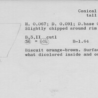 Index card with typed and handwritten information, sometimes including a sketch, of pottery from an excavation.