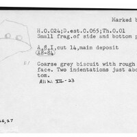 Index card with typed and handwritten information, sometimes including a sketch, of pottery from an excavation.
