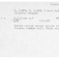 Index card with typed and handwritten information, sometimes including a sketch, of pottery from an excavation.