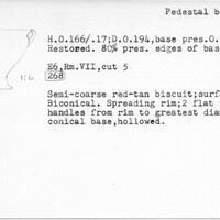 Index card with typed and handwritten information, sometimes including a sketch, of pottery from an excavation.