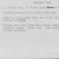 Index card with typed and handwritten information, sometimes including a sketch, of pottery from an excavation.