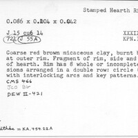 Index card with typed and handwritten information, sometimes including a sketch, of pottery from an excavation.
