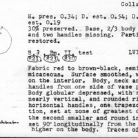 Index card with typed and handwritten information, sometimes including a sketch, of pottery from an excavation.