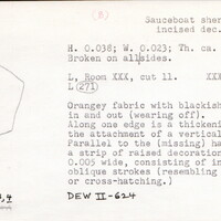 Index card with typed and handwritten information, sometimes including a sketch, of pottery from an excavation.