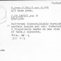 Index card with typed and handwritten information, sometimes including a sketch, of pottery from an excavation.