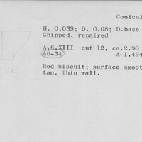 Index card with typed and handwritten information, sometimes including a sketch, of pottery from an excavation.