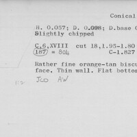 Index card with typed and handwritten information, sometimes including a sketch, of pottery from an excavation.