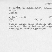 Index card with typed and handwritten information, sometimes including a sketch, of pottery from an excavation.
