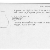 Index card with typed and handwritten information, sometimes including a sketch, of pottery from an excavation.