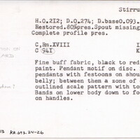 Index card with typed and handwritten information, sometimes including a sketch, of pottery from an excavation.