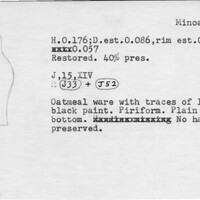 Index card with typed and handwritten information, sometimes including a sketch, of pottery from an excavation.