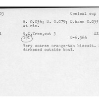 Index card with typed and handwritten information, sometimes including a sketch, of pottery from an excavation.