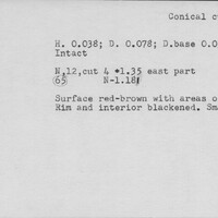 Index card with typed and handwritten information, sometimes including a sketch, of pottery from an excavation.