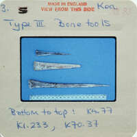 Old metal bone tools displayed on a blue background with labels and measurements.